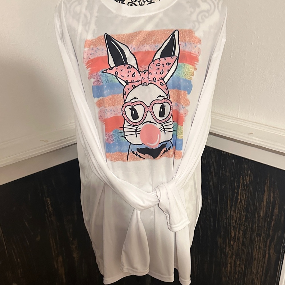 White Long Sleeve Shirt with Bunny Graphic